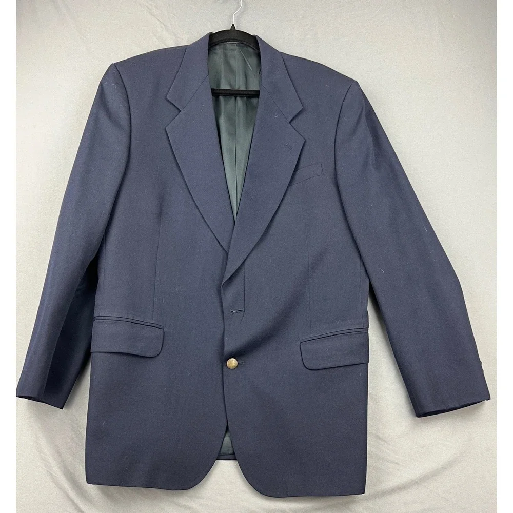 Oscar de la Renta Blazer Mens 42L Navy Blue Wool Sport Coat Crest Button Good